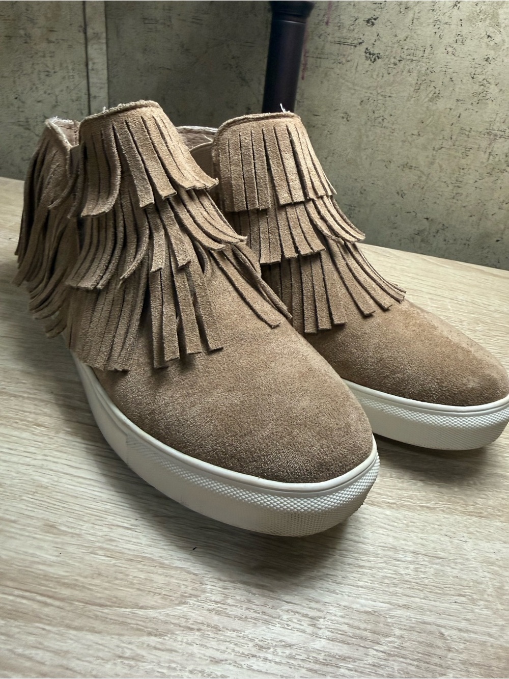 Very G Tan Suede Fringe Slip-On Sneakers